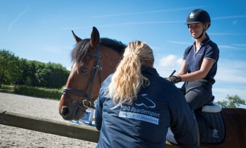 Student te paard en meisje bij hek