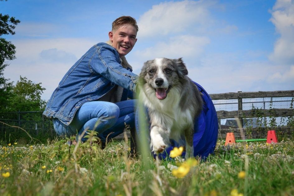 Jongen geknield naast hond die door tunnel rent