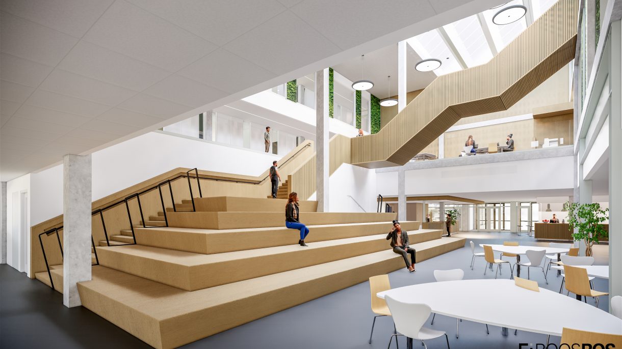 sfeerimpressie interieur beroepencampus, houtentrap in een open galerij