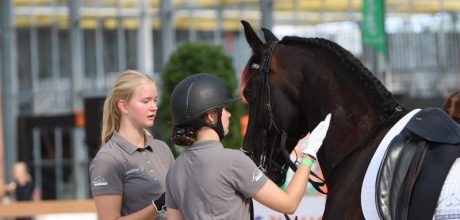 Twee studenten paardensport Lentiz MBO Maasland bij een springpaard